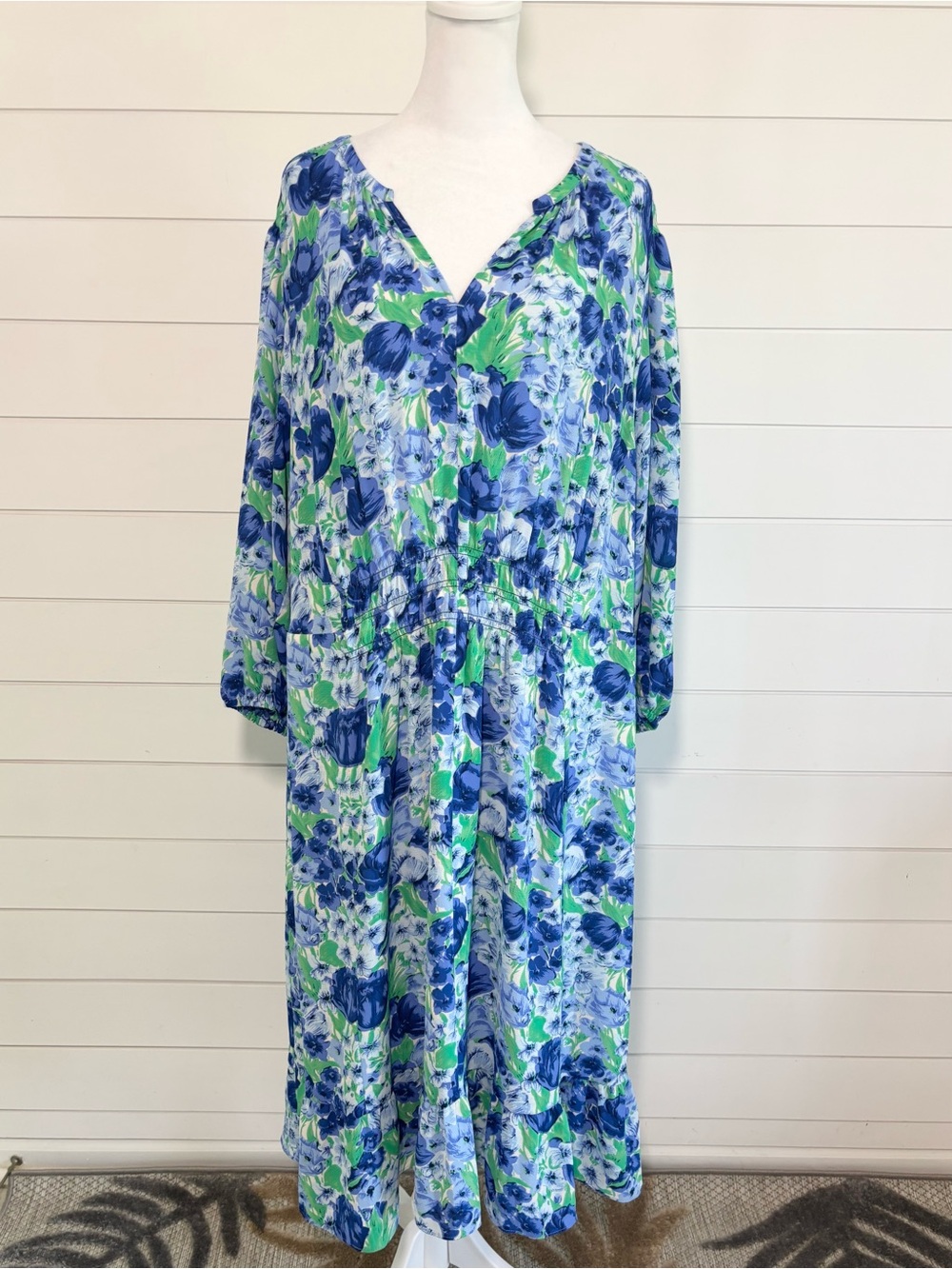 Talbots BOTANICAL GARDEN DRESS Blue Green Floral 3/4 Sleeve Maxi Dress‎ Size 18W